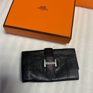 HERMES Bearn Black Leather Key holder Hermes4 ring key case Key Smart Coin ring